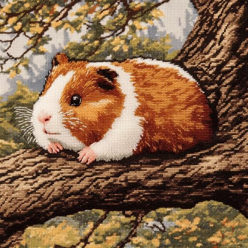 ORLUMY DIY Knüpfkissen Set Meerschweinchen Auf Einem Baum Knüpfhaken-Set，Cartoon-Tiere，Kissenbezug，Stickteppich-Set，Handarbeit，Häkelkissen，Stickset 43x43cm