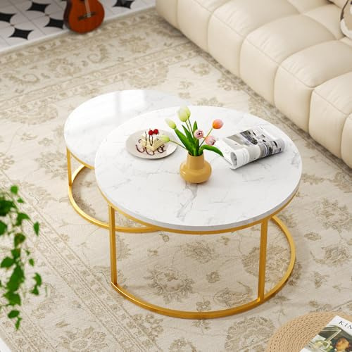 okwish Set mit 2 Runden Couchtischen, satztische fürs Wohnzimmer, Stapelbarer Sofatisch Mit Weiße MDF-Tischplatte und schwarzer Metallrahmen, Ideal für Wohnzimmer, Balkon und Büro, Weiß und Gold