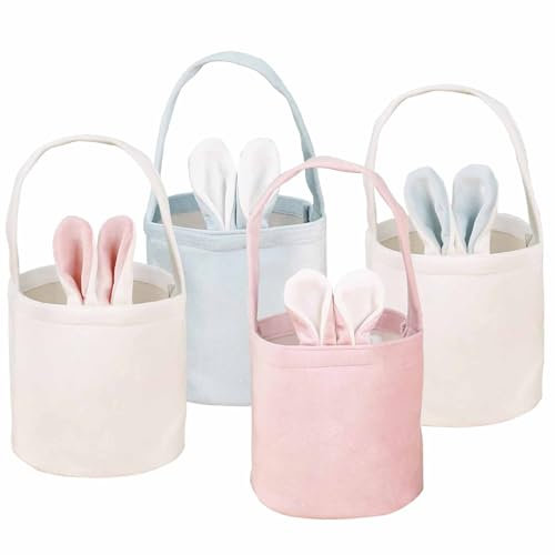 HERZONE Cesti pasquali con manico, cestini pasquali per bambini, nido di Pasqua, coniglietto con orecchie da riempire, sacchetti regalo, sacchetti pasquali, conservazione (4 pezzi)