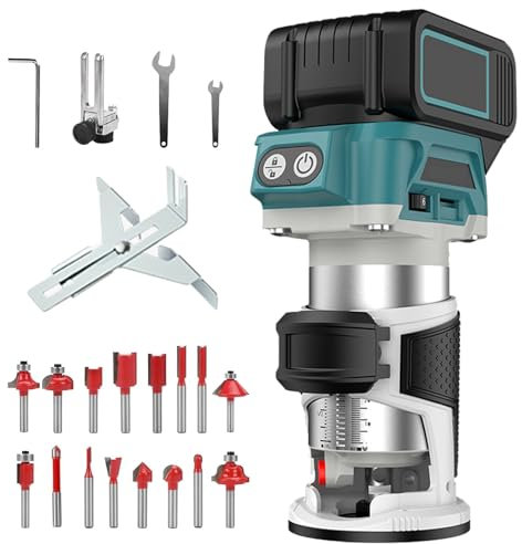 Akku Oberfräse Kompatibel mit Makita 18V Akku, 800W Akku Kantenfräse mit 16 Stück 1/4 Fräser Set, Bürstenloser Kantenfräser Tragbarer Handfräser dür Holzbearbeitung (Ohne Akku)