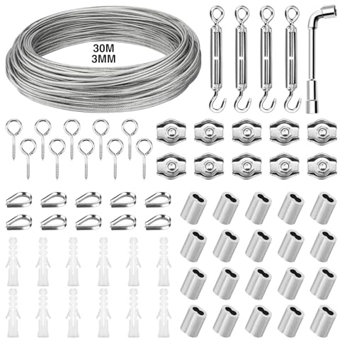 KOMABLEN 30M 3mm Drahtseil, 304 Edelstahl Stahlseil, Pvc Stahlseil Ummantelt mit Ösen, Seilspanner, Drahtseilklemme, Seilkauschen, Gardinenseil Wäscheleine für Kletterpflanzen, Zeltseil, Lichte