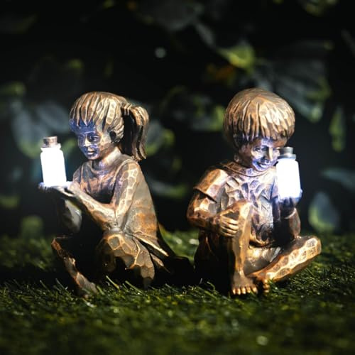 Garden Mile Solar Powered Garden Ornament Boy and Girl Figurines Fairy Solar Light Jar Firefly Resin Garden Decor Gardens Funny Novelty Gift Fairy Outdoor Gardens Patio Decor