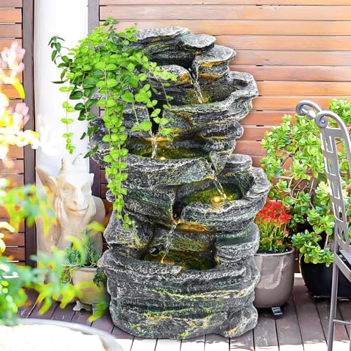 gihusrzx 6-Tier Cascading Rock Water Fountain with LED Light, Outdoor Garden Waterfall, Outside Patio Water Features Fountain, for Garden, Patio, Backyard, Porch and Home Art Decor Fountain