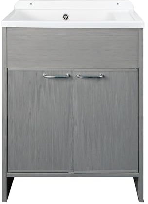 Negrari Lavatoio Salvaspazio in Resina PVC, Resistente all'umidità, Vasca resistente agli acidi di uso comune, Kit di scarico con pilettone in metallo, L58 x P38 x H85 cm, Bianco/Rovere