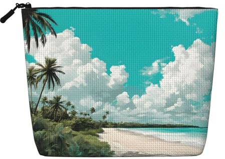 JEKYDOSD Beach Palm Trees Print Fake Hemp Makeup Bag Waterproof Imitation Hemp Bag For Daily Life, Travel, And More