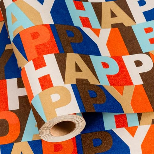Wikadlik Geburtstags-Kraftpapier Geschenkpapierrolle - Buntes Happy Birthday Wörter Design Geschenkpapier für Party Feier - 43cm x 10m