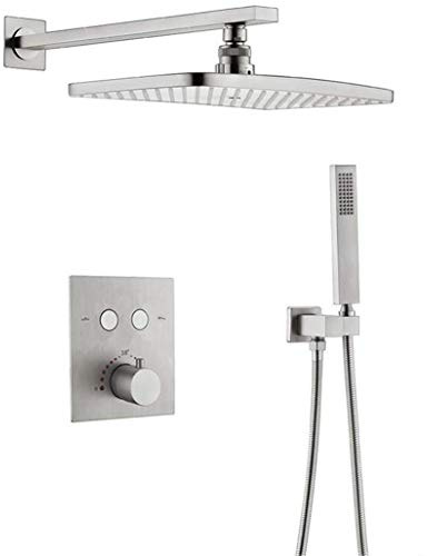 de Ducha, latón termostático montado en la Pared Rectangular de 12 x 8 Pulgadas de Cabeza de Ducha de Lluvia con Ducha de baño de Lujo de Mano, níquel Cepillado