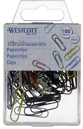 Westcott Büroklammern Bunt 100 Stück | Vorratspack Papierklammern 26mm | Praktische Kunststoffbox | Aktenklammern für Büro und Haushalt | E-10641 00