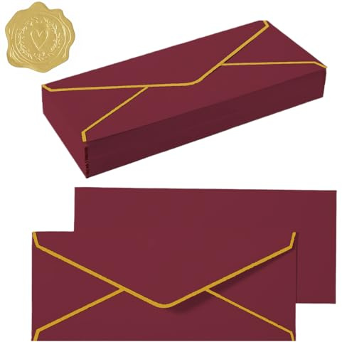 20 Stück langer Briefumschlag mit Goldfolienrand 10 x 24 cm Einladungumschläge Kraftpapier Umschläge Spitzklappe Umschläge mit Nassklebung für Grußkarten Weihnachten Geburtstagskarten Hochzeit