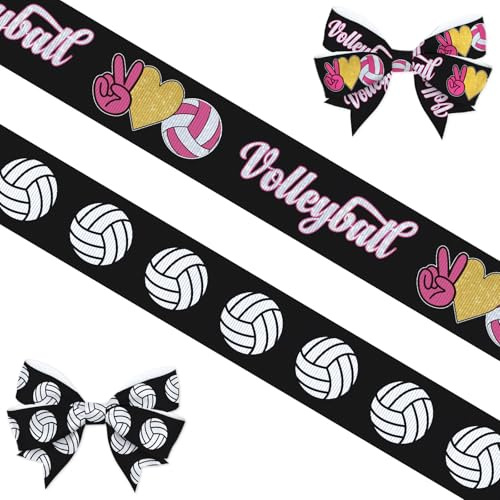 2 PCS Sports Volleyball Ribbons for Crafting, 3/4 Width Grosgrain Ribbons Black Ball Game Ribbon for Gift Wrapping DIY Volleyball Birthday Decorations