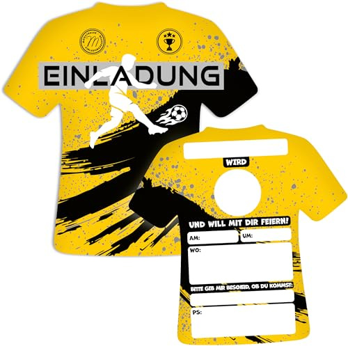 Moosthaler Fußball Trikot Einladungskarten Kindergeburtstag Junge - Gelb | 12x Einladungen, Trikot Design, Fussball Motto Party, Ausgefallenes Design