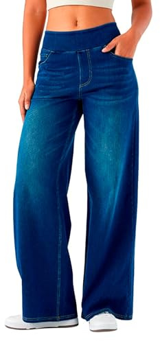 Pantalon décontracté élégant pour femme – Jean large à enfiler taille haute extensible baggy jambe droite pour un confort quotidien