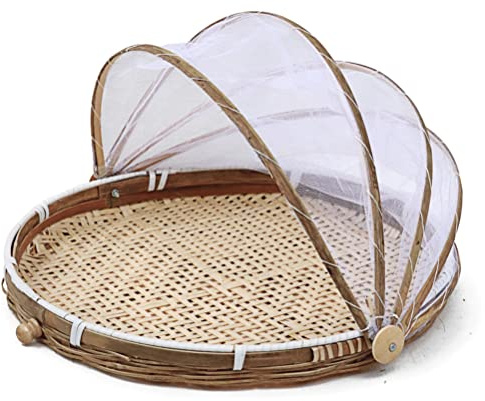 Qudinip Seagrass Food Cover Basket, Hand Woven Round Mesh Basket with Fly Proof Lid for Fruit Vegetables Meat Cheese Outdoor Picnic Garden Patio, Diameter 30cm 35cm 40cm (40cm)
