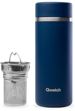 Qwetch - Théière Isotherme Nomade 400ml - Infuseur avec 2 Filtres - 12h Chaud / 24h Froid - Étanche, Réutilisable & Durable - Pour Thé, Café, Tisane, Fruits (Bleu Nuit)