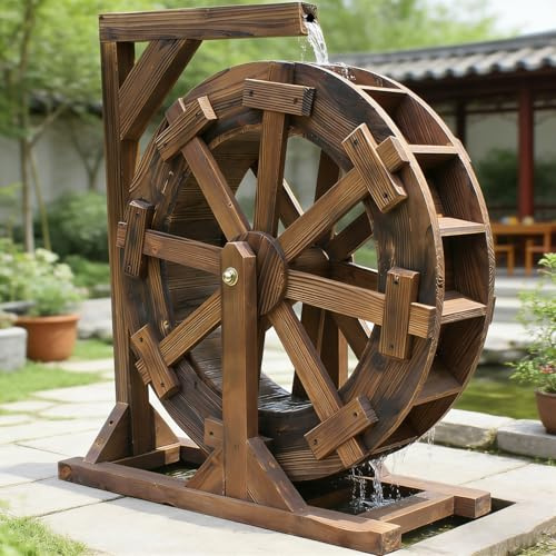 chengxiaorui Fuente de Noria de Exterior, Noria de Madera con Soporte, decoración de jardín autogiratoria para Patio, Estanque y Piscina, Fuente rústica Vintage(60cm)