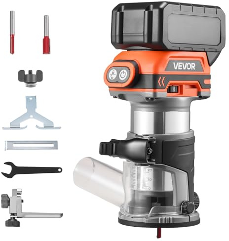VEVOR Fresadora de Madera Inalámbrica 18 V sin Escobillas, Rebajadora Eléctrica de 6 Velocidades Variables, con Base Fija y Pinza de 6,35 mm, para Perfilar Bordes, Carpintería, Batería No Incluida