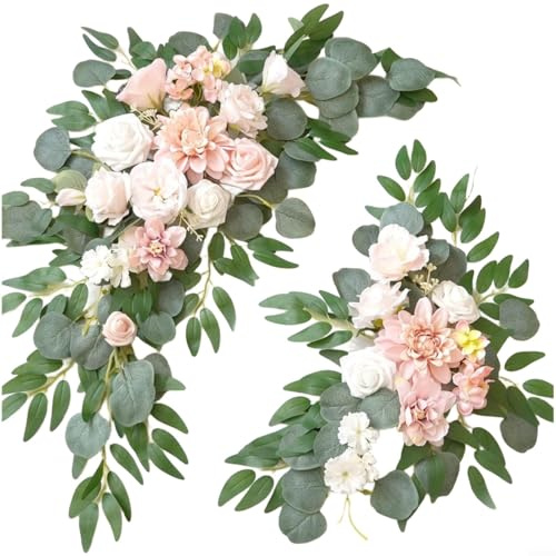 BlesConi Paquete de 2 guirnaldas florales artificiales de seda sintética de 60 x 40 cm para boda, ceremonia, fiesta, recepción, decoración de entrada al aire libre (rosa)