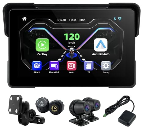 Mt7 7 Motorcycle Carplay Screen with 1080P DVR, TPMS & External GPS, Wireless Apple Carplay & Android Auto, 800Nits, IP67, Screen Mirroring, BT4.2, Voice Control, Speed Display with Magnetic Mount