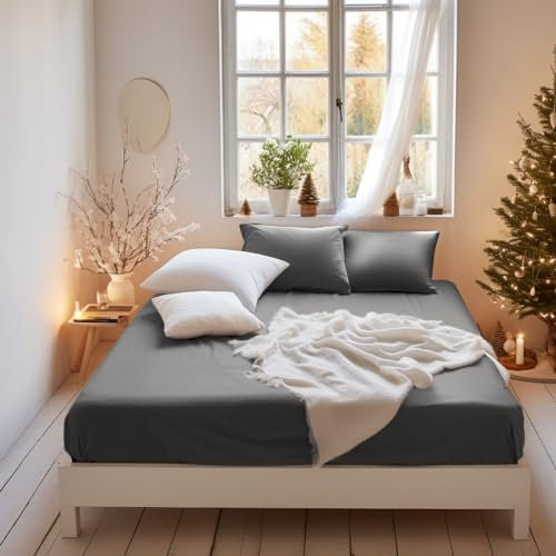 MOHAP Warm King Size Fitted Sheet Grey with Extra Deep 16 inch 40 cm Pocket Bed Sheet Only Bedsheet Brushed Microfiber Bottom Sheet for King Bed 150x200 Grey