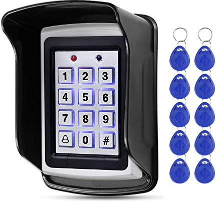 HFeng 125KHz RFID Access Control Keypad Controller Waterproof Cover Outdoor +10pcs EM4100 Keychains 1000 user WG26, backlight, metal case(Keypad+10 keys+Cover)