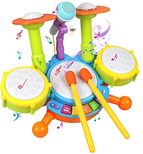 POKONBOY Kids Drum Set for Toddler 1-3, Musical Instruments Learning Toys with 2 Drum Sticks Adjustable Microphone Birthday Gifts for Boys Girls 6 12 18 Month