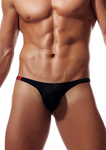 Newsywell Hombre Seda de Hielo Tanga Elastane Hilo Talle Bajo G-String Calzoncillos Ropa Interior para Hombre Bragas de Micro Thongs Bikini Slip Negro Large