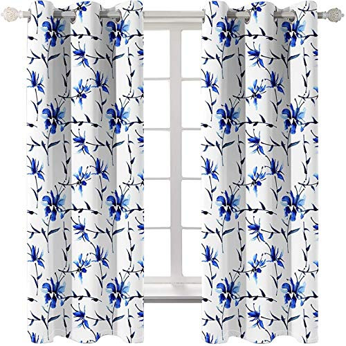 Daesar Schlafzimmer Vorhänge Polyester Modern 214x274CM, Vorhänge Blickdicht Wohnzimmer Blumen und Zweige Gardinen Vorhang Verdunkelung mit Ösen Weiß Blau
