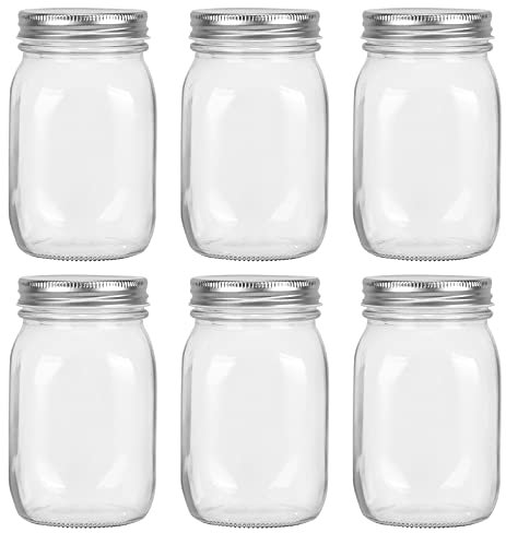 Yishik 6 Pack 16oz Mason Jars with Airtight Screw Lids, 500ml Storage Glass Jars Canning Jar for Fruits,Jams,Drink Favors,Spice,Baby Foods,DIY Candles