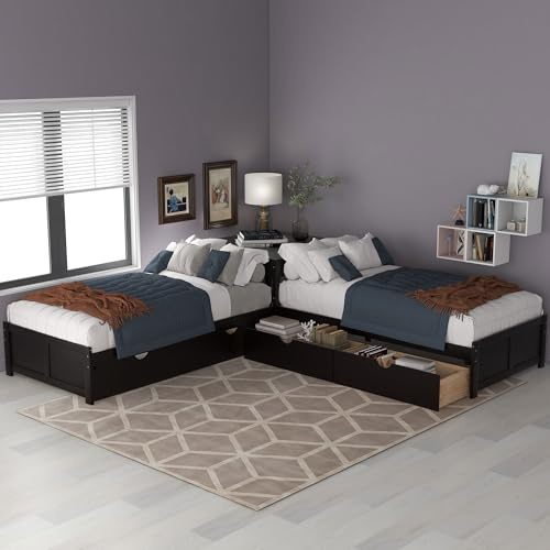 Bellemave L-Shape Twin Platform Beds with Trundle Wood Corner Daybed with 2 Storage Drawers and Desk for Living Room, Kids/Teens’ Bedroom, Guest Room, Espresso