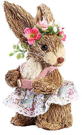 Blanketswarm Statuetta di coniglio pasqua coniglio in piedi in paglia tessuta, decorazione da tavolo per giardino e casa, colore: Rosa/con fiore, 10 x 9 x 15 cm