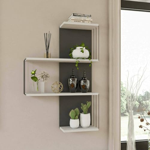 Dmora - Mensola Hadar, Scaffale, Ripiano a muro, Scaffalatura multiuso, 64x19h96 cm, Bianco e Antracite