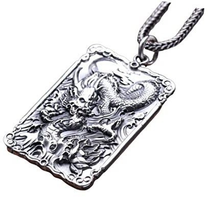 AMDXD 925er Sterling Silber Halskette, Chinesisches Element Dog Tag Drache Anhänger Ketten Herren Schmuck für Herren, Gothic Vintage Punk Halskette, Silber, Echt Silber Schmuck
