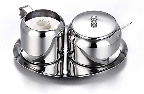 YZJSSL Ensemble à Lait et Sucre Sucrier en Acier Inoxydable, Petit Pot à Sucre avec cuillère pour la Maison, la Cuisine, l'hôtel et Les cafés, 3 Parties, Argent