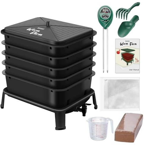 Blütezeit 5-Tray Worm Composter, 53QT Worm Compost Bin Indoor & Outdoor, Worm Farm Kit for Vermicomposting Starter, Recycling Food Waste (Black)