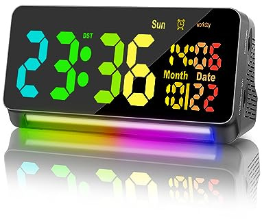 120db Super Loud Alarm Clocks for Heavy Sleepers adults , 15 Wake Up Sounds Alarm Clock for Heavy sleepers , 7 Color Night Light, Dynamic RGB Color , 0-100% Dimmer, Snooze, DST , Large LED Display