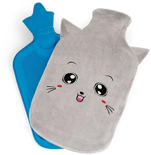 Wärmflasche mit Bezug 2L Auslaufsichere Bettflasche 35 cm x 18,5 cm mit schönen Fleece Bezug Gummi Wärmflasche mit Deckel Motiff Katze [092]