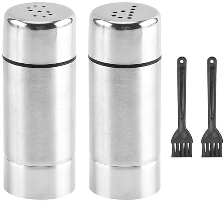 2Pcs Salt and Pepper Shaker with 2Pcs Cleaning Brush, Stainless Steel Pepper Shaker for Kitchen, BBQ, Camping, Restaurant, Dining Table, Small Spice Shakers for Icing Sugar Salt Cocoa Flour Coffee