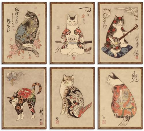 6 stampe artistiche da parete con gatto samurai giapponese, poster giapponesi Bushido Decor Kung Fu dipinti tatuaggio divertente fantasia foto foto poster pittura per soggiorno stampa camera da letto