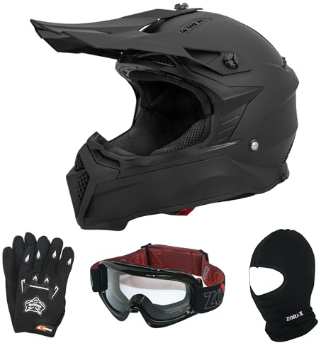 Zorax Attack Matt Black XXL (63-64cm) Motocross Helmet & Black Gloves XXL(12cm) & Black Goggles & Balaclava ECE Approved