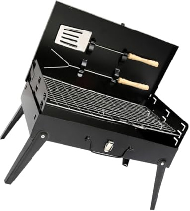 Tragbarer Klappbarer Grillherd für Außenbereich aus Eisen | Schwarz, mit 2 Zubehörteilen zum Wenden von Speisen, Fein Polierte Kanten