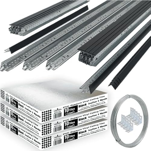 10m2 Black Suspended Ceiling Grid System 600mm x 600mm Complete Suspension with Black Vinyl Easyclean Wipeable Ceiling Tiles 595mm x 595mm 7mm 30 Tiles