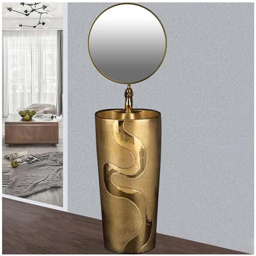 ZTGL Freistehendes Standwaschbecken für Badezimmer und Gäste-WC 42x42x80cm Gold aus Keramik Waschtisch Kein Überlauf Waschplatz Standsäule,with Mirror