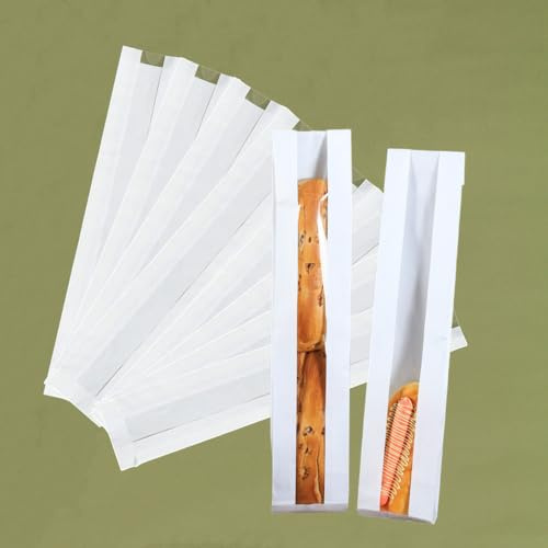 Paquete de 50 bolsas de papel para pan, bolsas de papel kraft para baguette de 23 x 4 x 1.6 pulgadas, bolsa de almacenamiento de panadería con ventana frontal transparente y 64 calcomanías