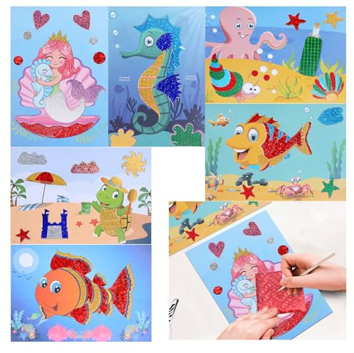 TGFIX 6Pcs Meerestier Bastelset Kinder Meer Papier Basteln Ozeantiere Folien Aufkleber Bastelhandwerk DIY Ozean Folienbilder Kunsthandwerk Kreativsets für Mädchen Junge Kindergeburtstag Sommer