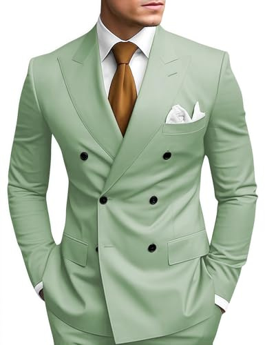 HANBANGWEI Sage Green Suits for Men Slim Fit Mens 2 Piece Double Breasted Suit Tuxedo Blazer and Pants for Wedding Prom Homecoming Party Two Piece Suit for Men Double Breasted, L