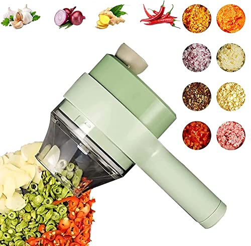 Juego de cortador de verduras eléctrico de mano 4 en 1, picador inalámbrico, triturador de barro de ajo, fruta portátil y for ajo, pimiento, chile, cebolla, patata, carne (verde), 20,5 x 9,5 x 8 cm/57