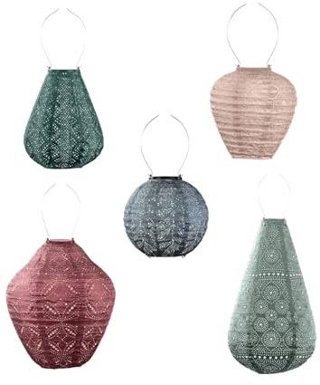 LUMIZ Solarlaterne - für Außen - Botanico - 5 Stücke - Gartenbeleuchtung - Solarlampen - Gartendeko - 20cm - Rosa/Grün/Grau/Grün/Kupfer