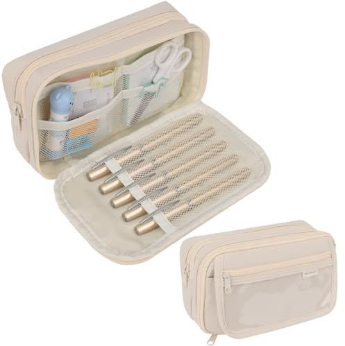 OWill Trousse 4 Compartiments,Grande Trousse Scolaire,Fourniture Scolaire,Trousse à Crayon avec Capacité Élevée pour Enfant,Fille,Ecole,Organiseur de Papeterie pour l'école, Le Bureau(Beige)