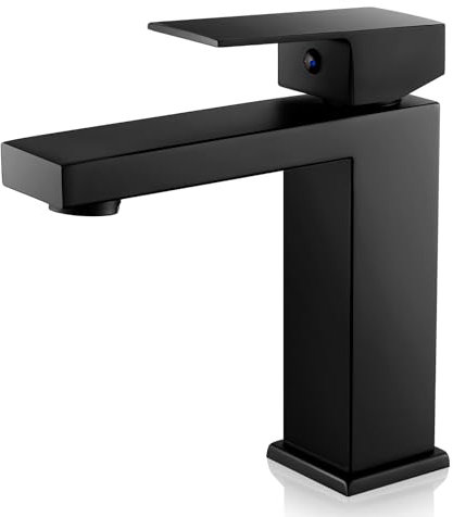 Wasserhahn Bad Schwarz Waschtischarmatur, Bad Armatur Mischbatterie Waschbecken Armaturen Schwarz, Wasserhahn Eckig mit Höhe 164mm, Wasserhähne Bad Heiß und Kalt Einstellbar, G3/8