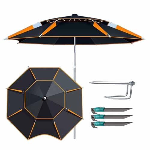 Parasol De Plage Coupe-Vent Parapluie De Pêche en Exterieur Parasol Portable Protection UV avec Ancre À Sable en Métal 200/220/240/260 Cm pour Plage Patio Jardin(Black Orange,220CM/7FT)